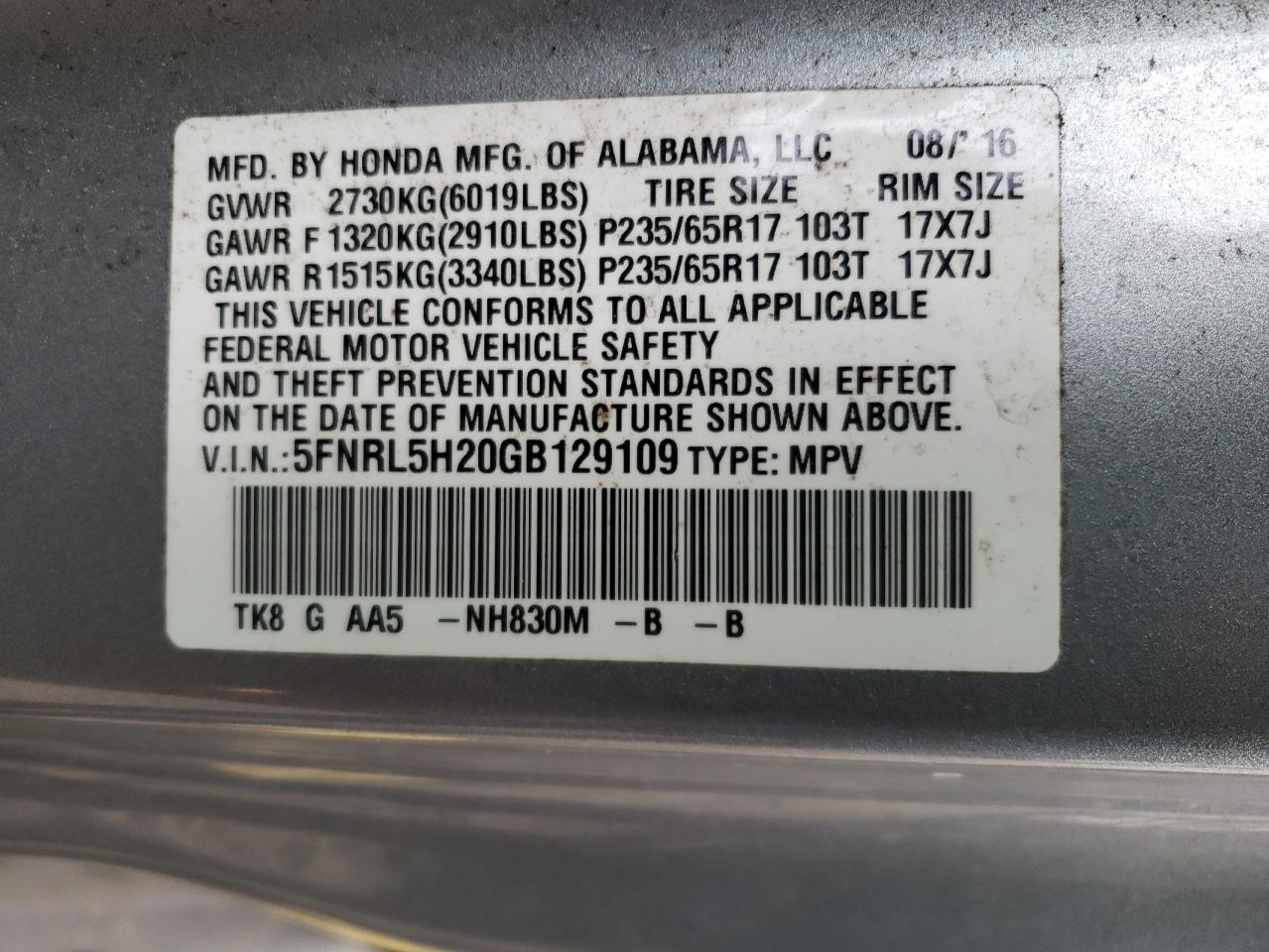 VIN 5FNRL5H20GB129109 2016 HONDA All Models no.12