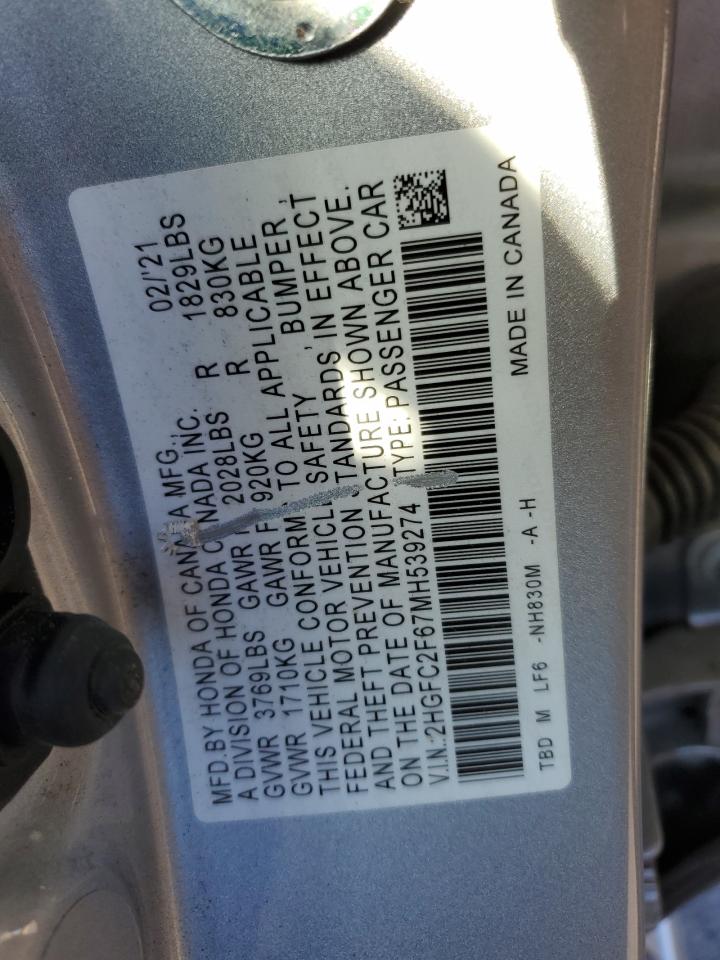 2021 Honda Civic Lx VIN: 2HGFC2F67MH539274 Lot: 79552624