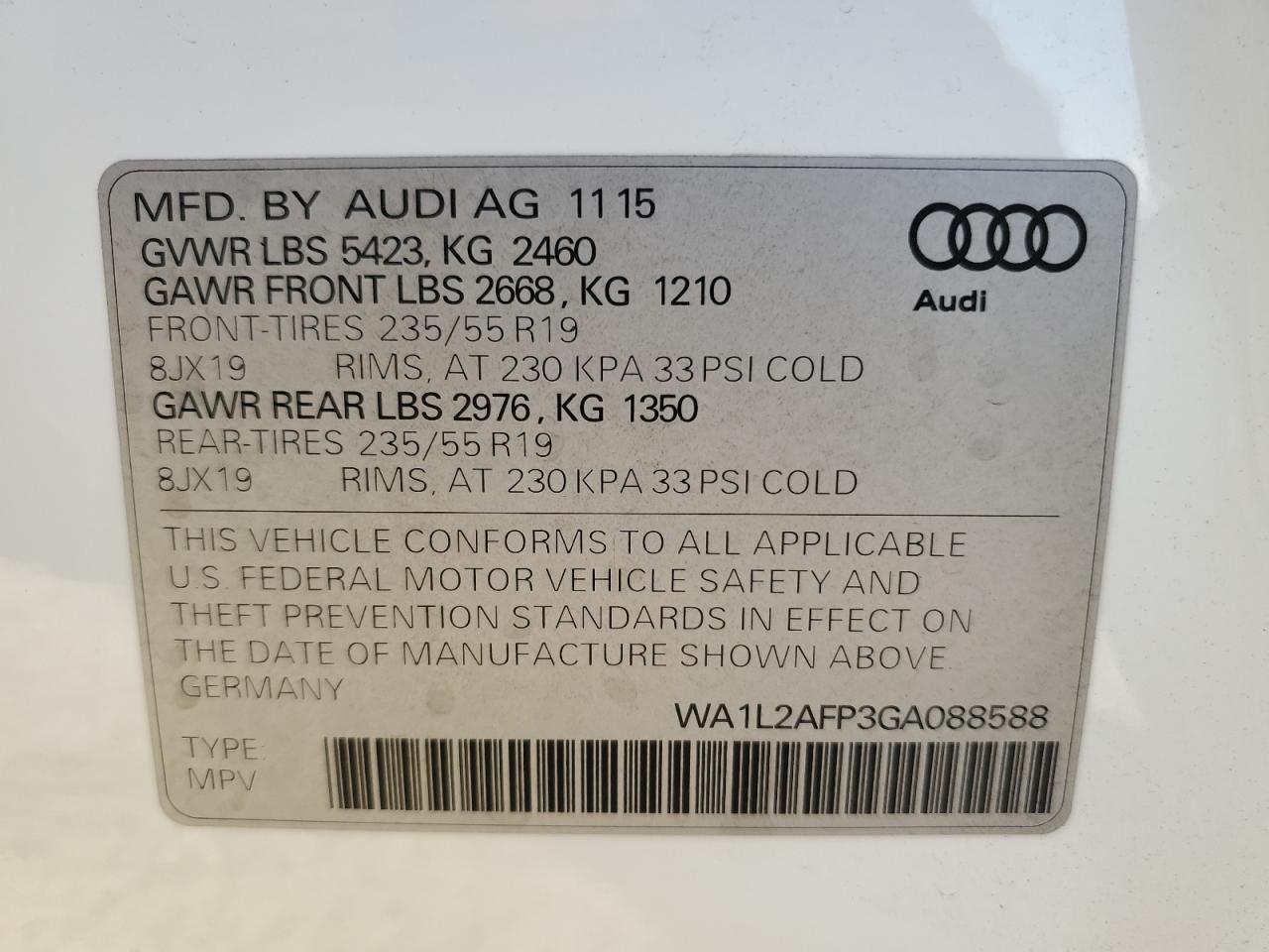 2016 Audi Q5 Premium Plus VIN: WA1L2AFP3GA088588 Lot: 79891424