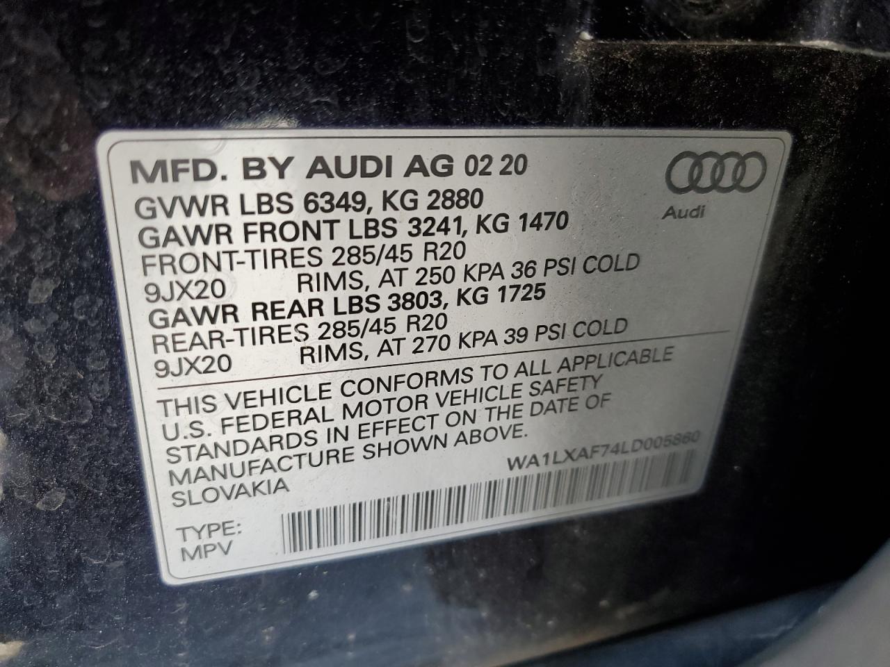 2020 Audi Q7 Premium Plus VIN: WA1LXAF74LD005860 Lot: 78930924