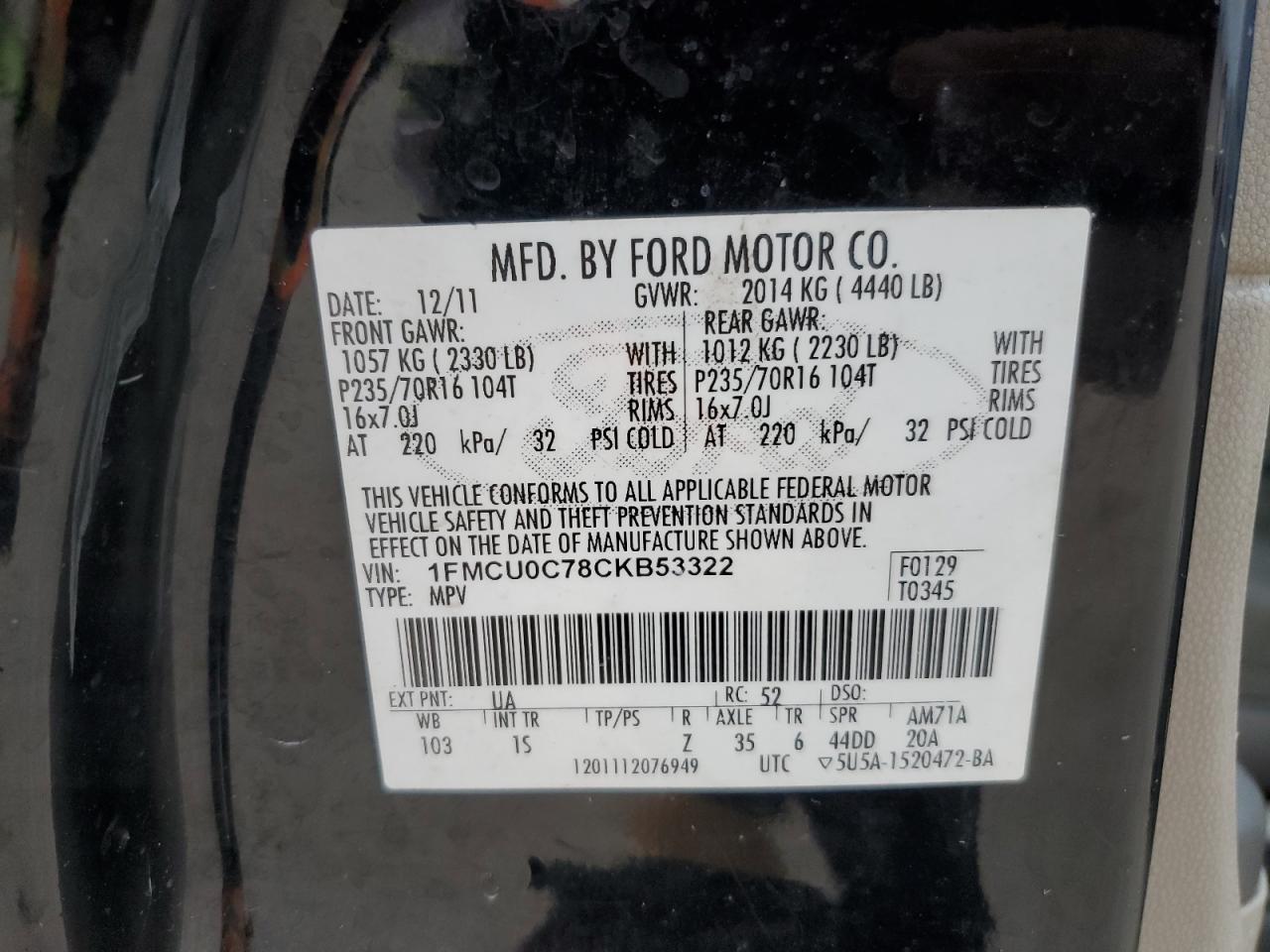 2012 Ford Escape Xls VIN: 1FMCU0C78CKB53322 Lot: 82021724