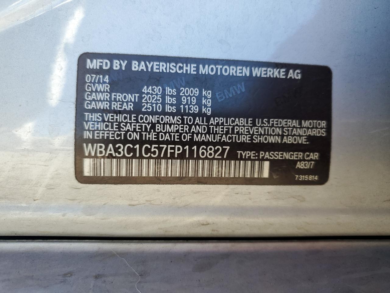 2015 BMW 328 I Sulev VIN: WBA3C1C57FP116827 Lot: 80169724