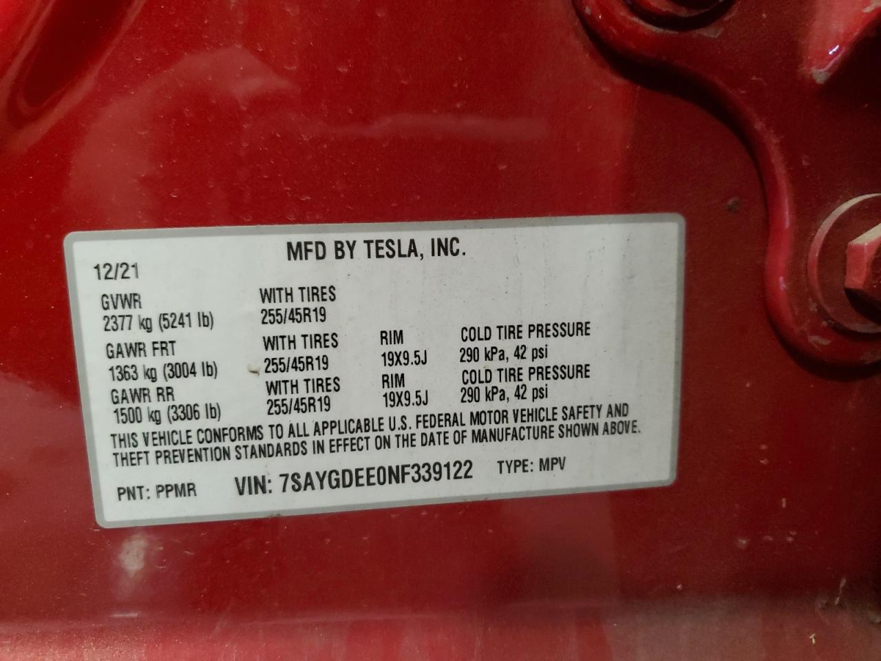 VIN 7SAYGDEE0NF339122 2022 TESLA MODEL Y no.13