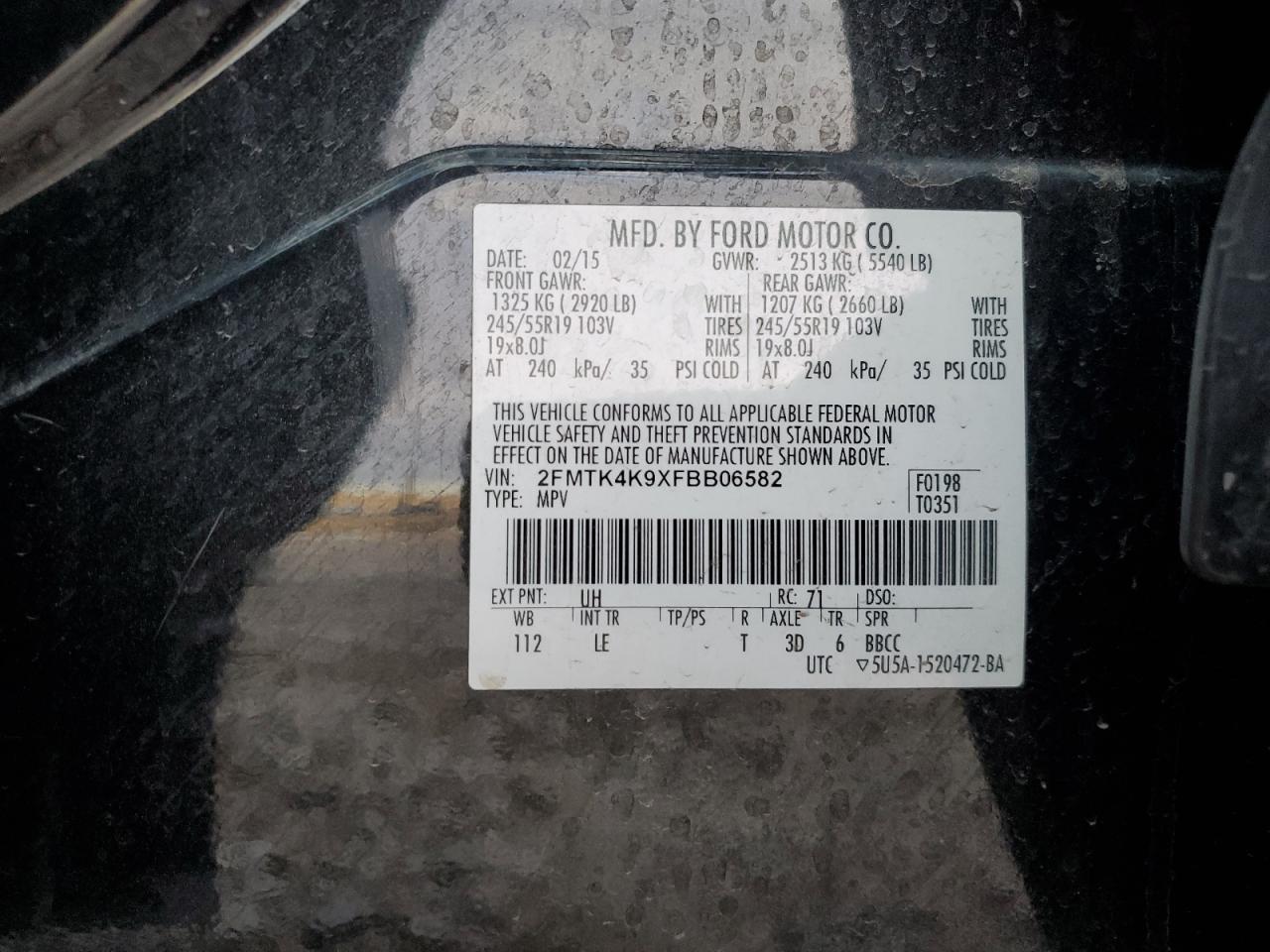 VIN 2FMTK4K9XFBB06582 2015 FORD EDGE no.12