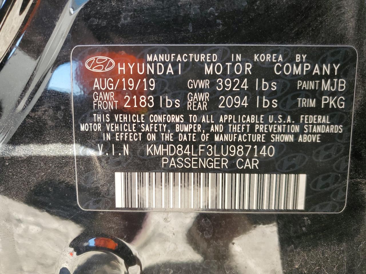 2020 Hyundai Elantra Sel VIN: KMHD84LF3LU987140 Lot: 80864364