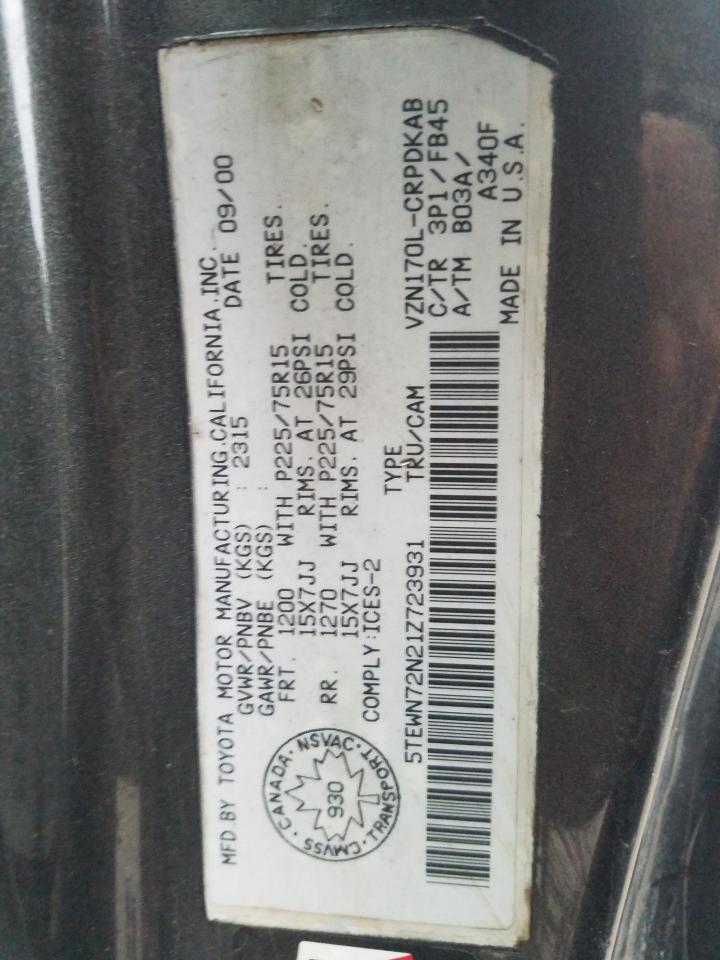 2001 Toyota Tacoma Xtracab VIN: 5TEWN72N21Z723931 Lot: 74706854