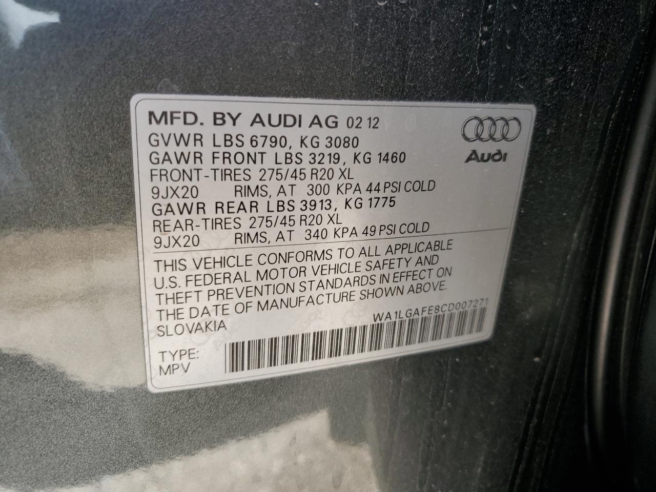 2012 Audi Q7 Premium Plus VIN: WA1LGAFE8CD007271 Lot: 79286234