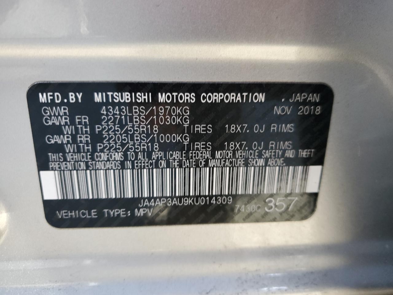 2019 Mitsubishi Outlander Sport Es VIN: JA4AP3AU9KU014309 Lot: 81549064