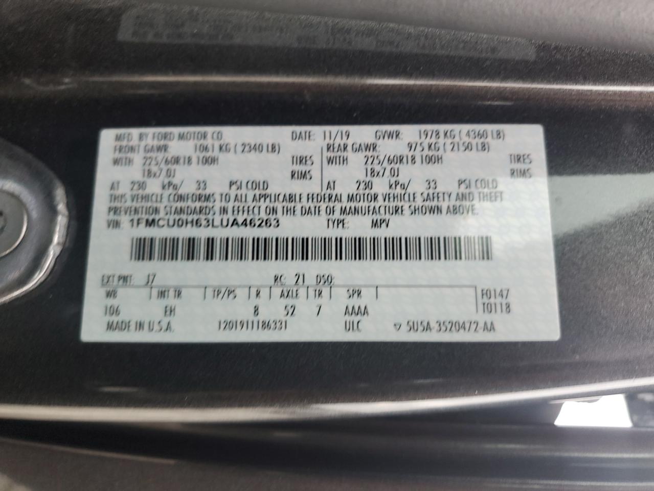 VIN 1FMCU0H63LUA46263 2020 FORD ESCAPE no.13