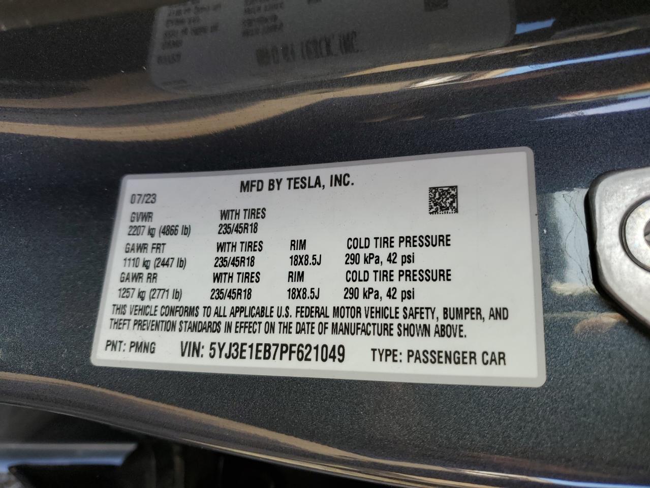 2023 Tesla Model 3 VIN: 5YJ3E1EB7PF621049 Lot: 80202204