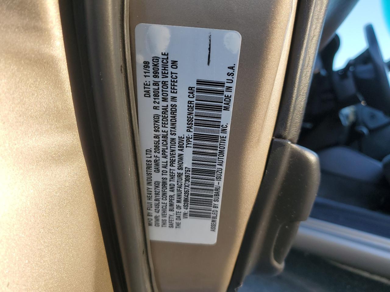 1999 Subaru Legacy L VIN: 4S3BK4357X7309757 Lot: 81081014