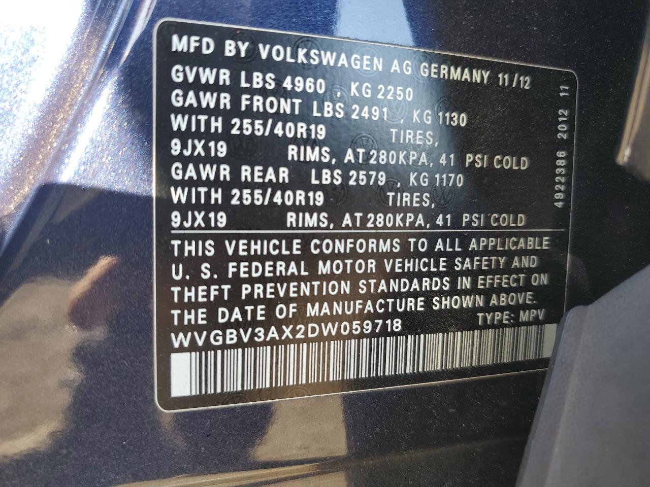 2013 Volkswagen Tiguan S VIN: WVGBV3AX2DW059718 Lot: 79086984