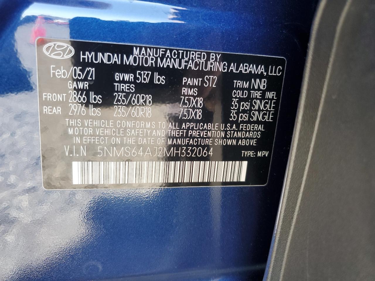 2021 Hyundai Santa Fe Sel VIN: 5NMS64AJ2MH332064 Lot: 79032794