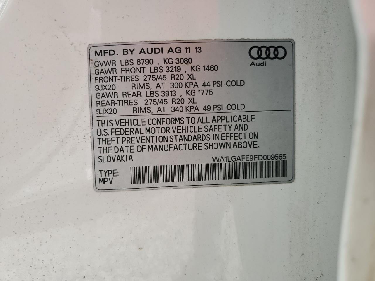 2014 Audi Q7 Premium Plus VIN: WA1LGAFE9ED009565 Lot: 78990364