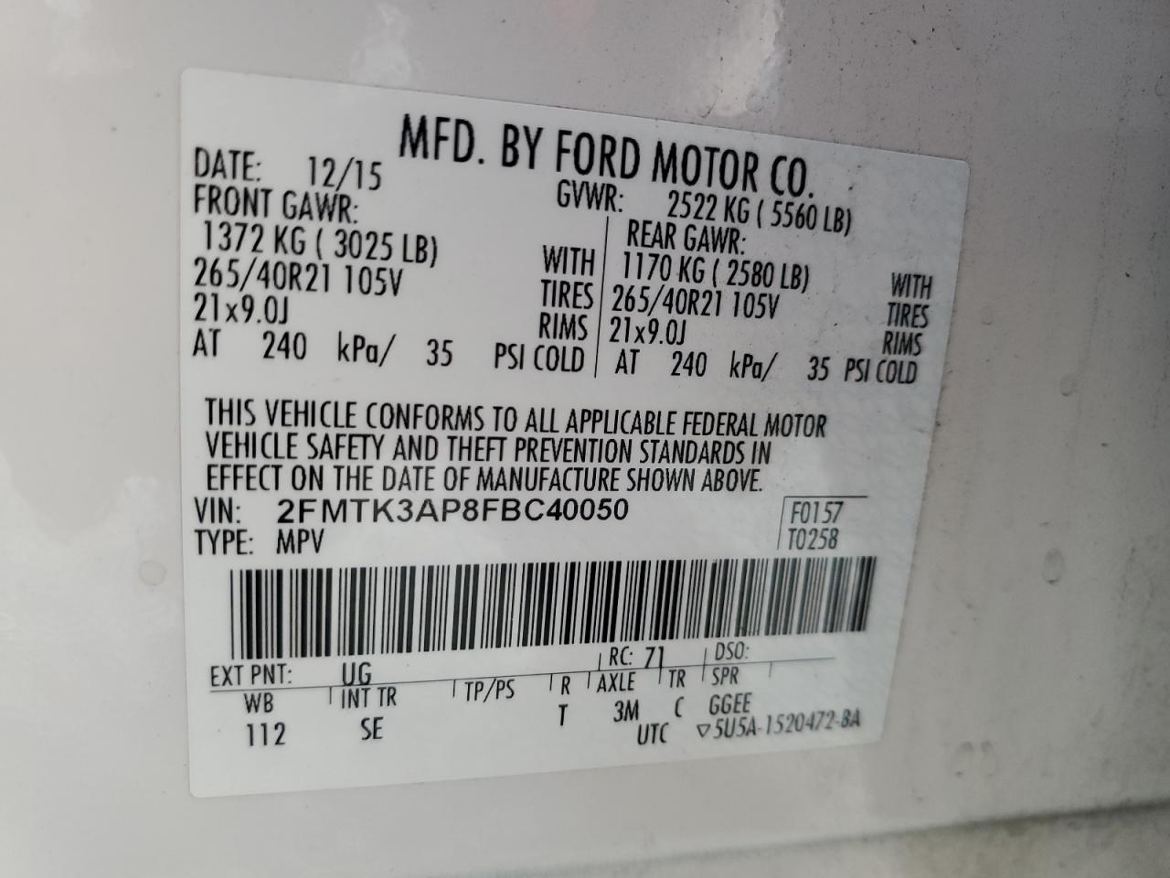 VIN 2FMTK3AP8FBC40050 2015 FORD EDGE no.12