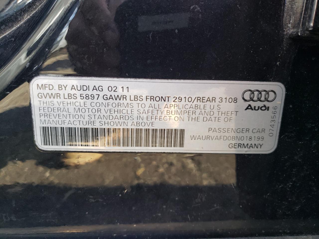 2011 Audi A8 L Quattro VIN: WAURVAFD0BN018199 Lot: 79508474