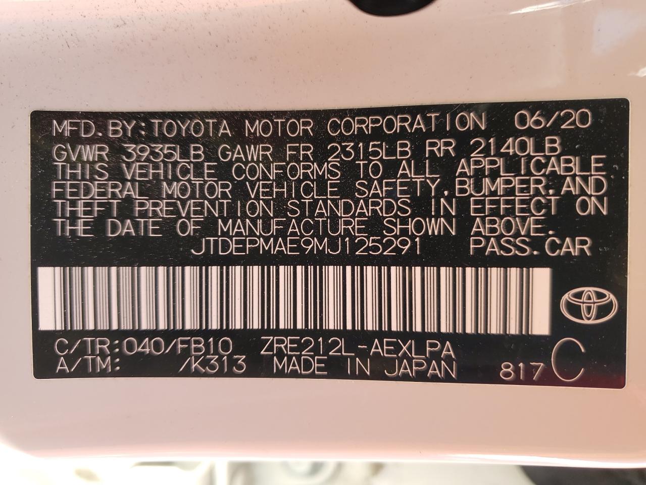 2021 Toyota Corolla Le VIN: JTDEPMAE9MJ125291 Lot: 81490504