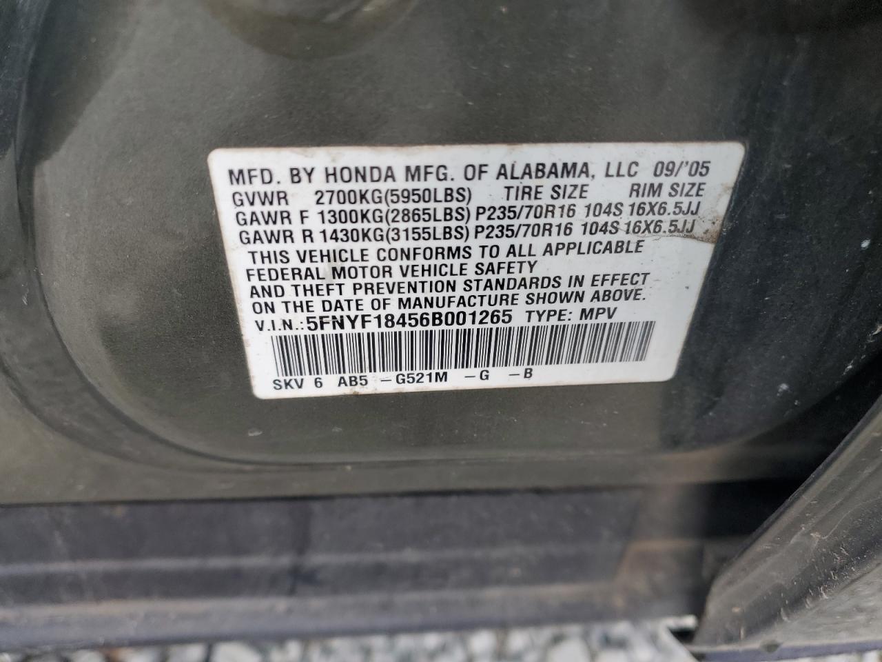 5FNYF18456B001265 2006 Honda Pilot Ex