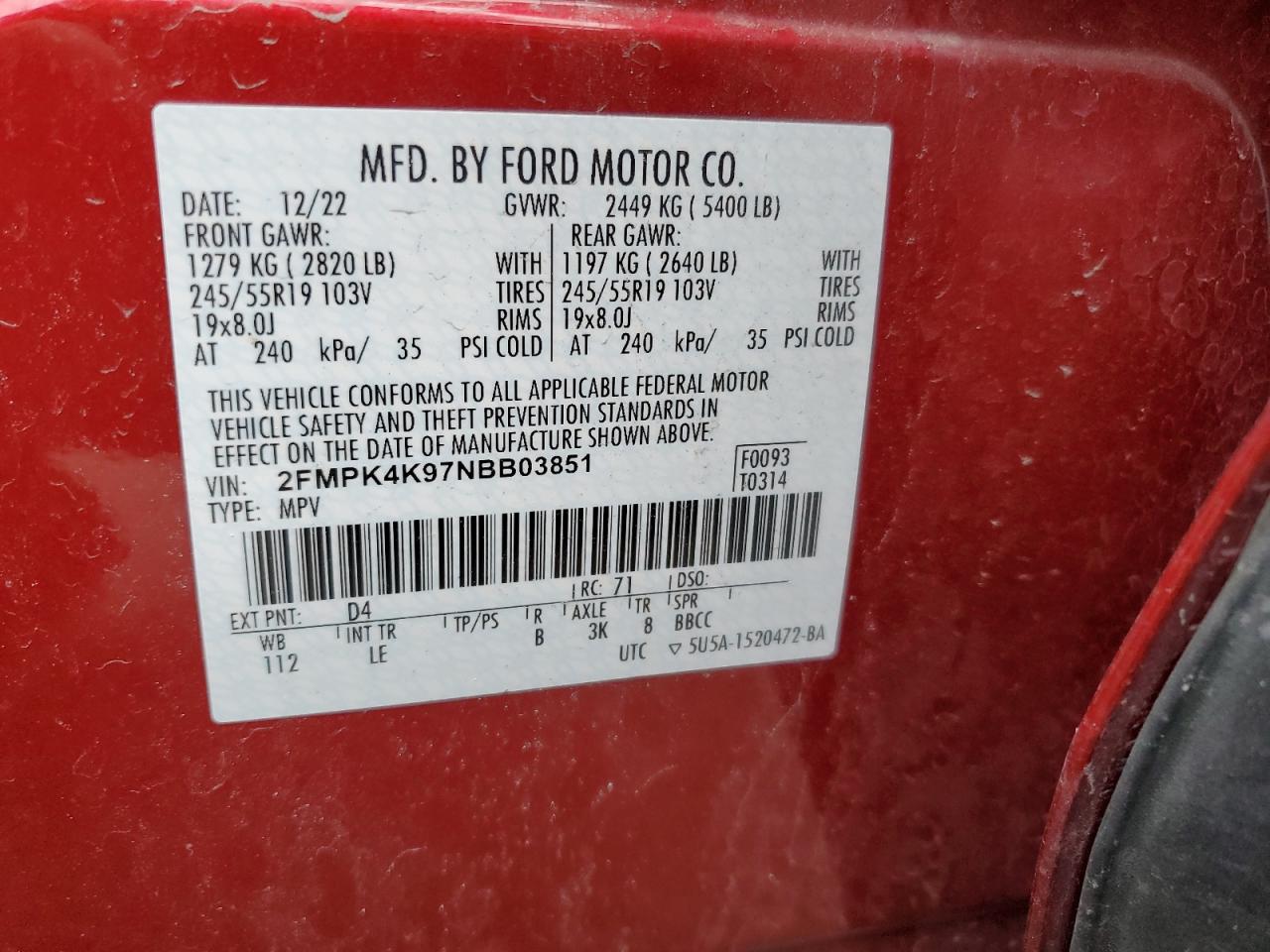 VIN 2FMPK4K97NBB03851 2022 FORD EDGE no.13