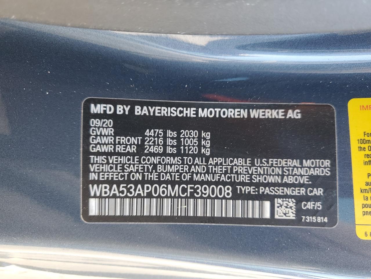 2021 BMW 430I VIN: WBA53AP06MCF39008 Lot: 80787574