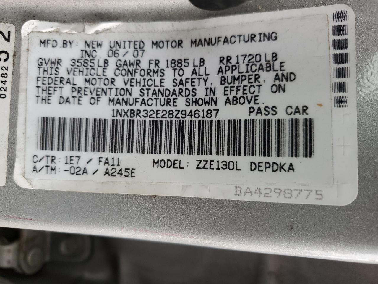 2008 Toyota Corolla Ce VIN: 1NXBR32E28Z946187 Lot: 79633054