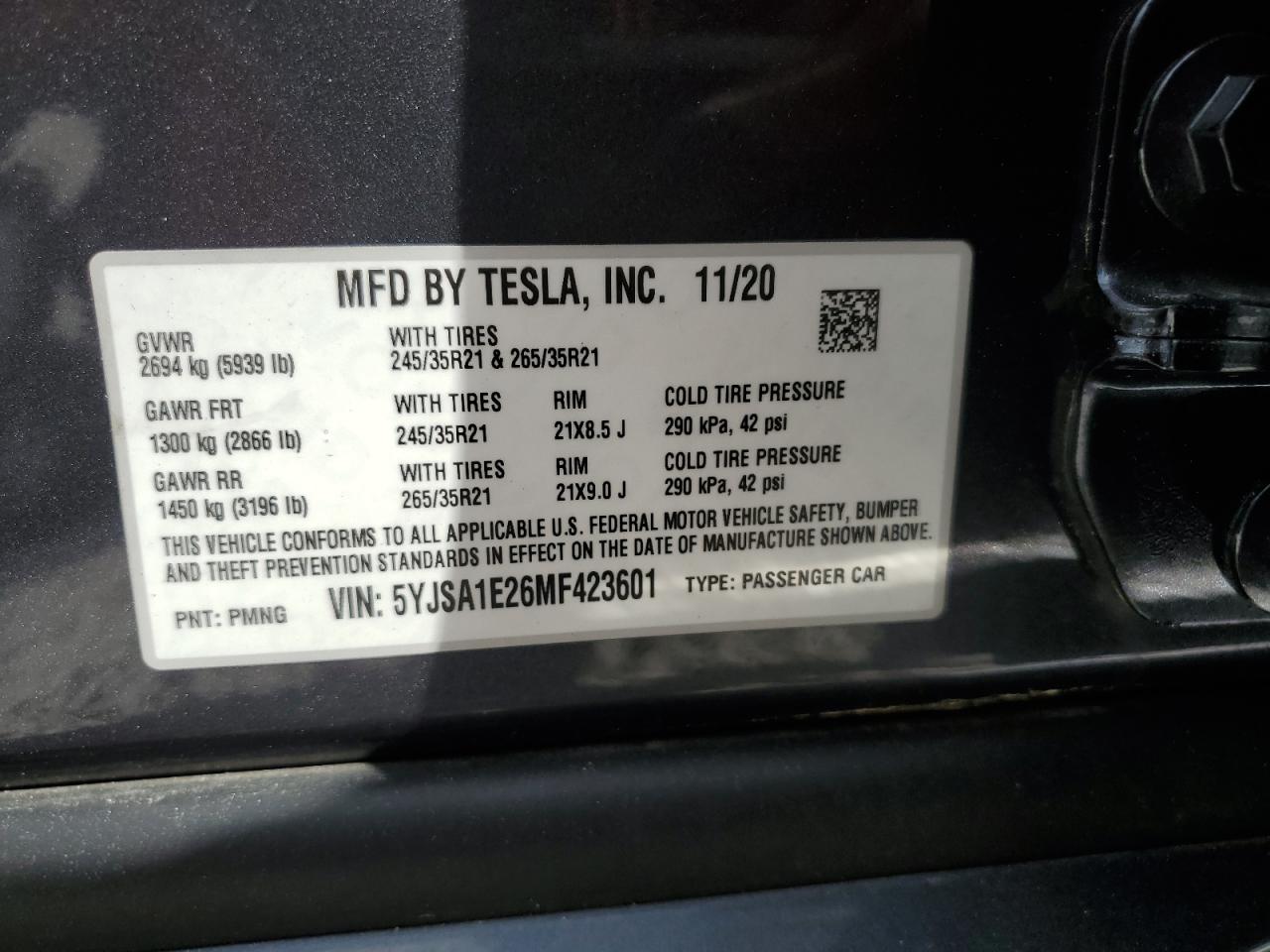 VIN 5YJSA1E26MF423601 2021 TESLA MODEL S no.12