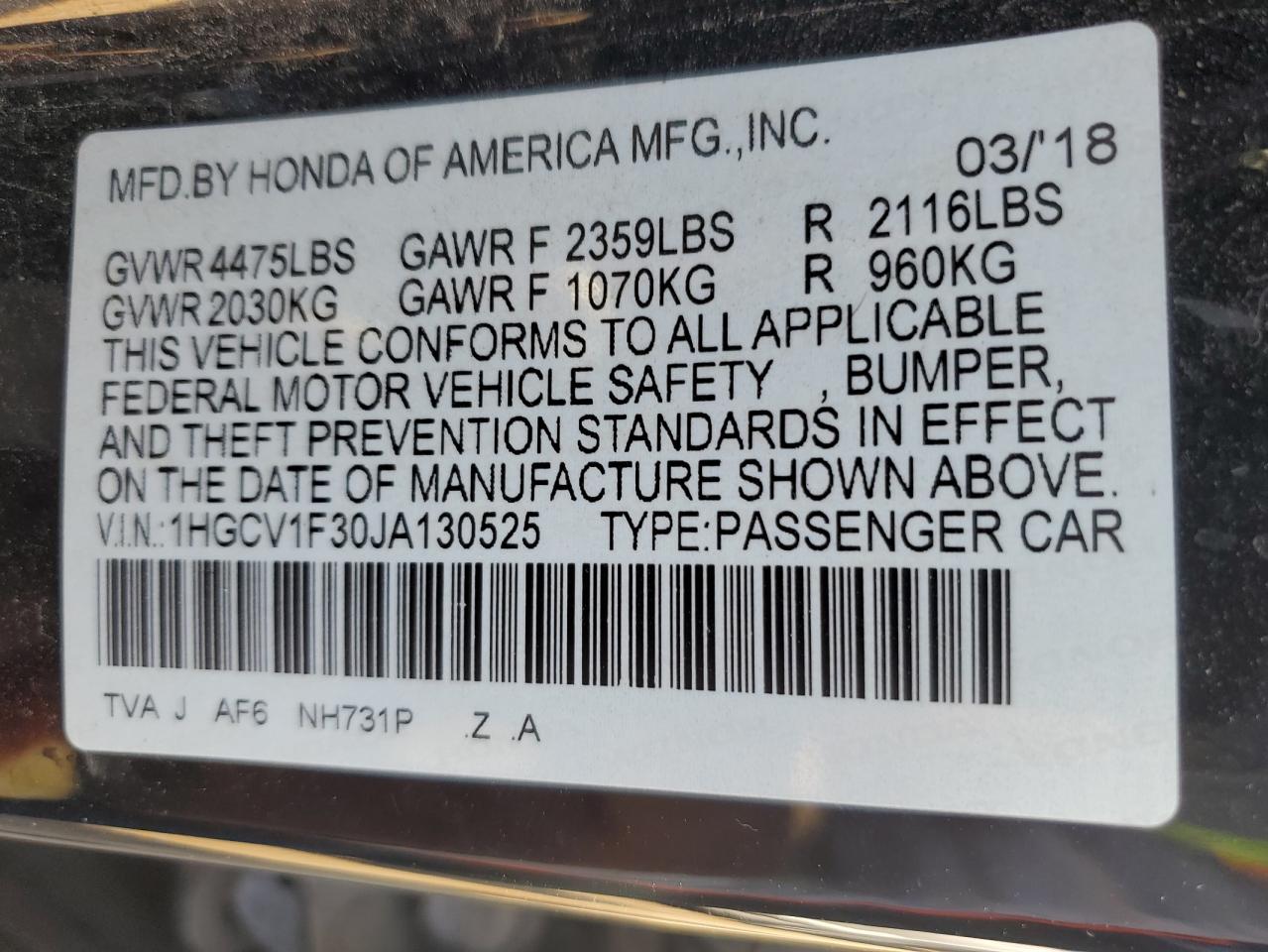 VIN 1HGCV1F30JA130525 2018 HONDA ACCORD no.12