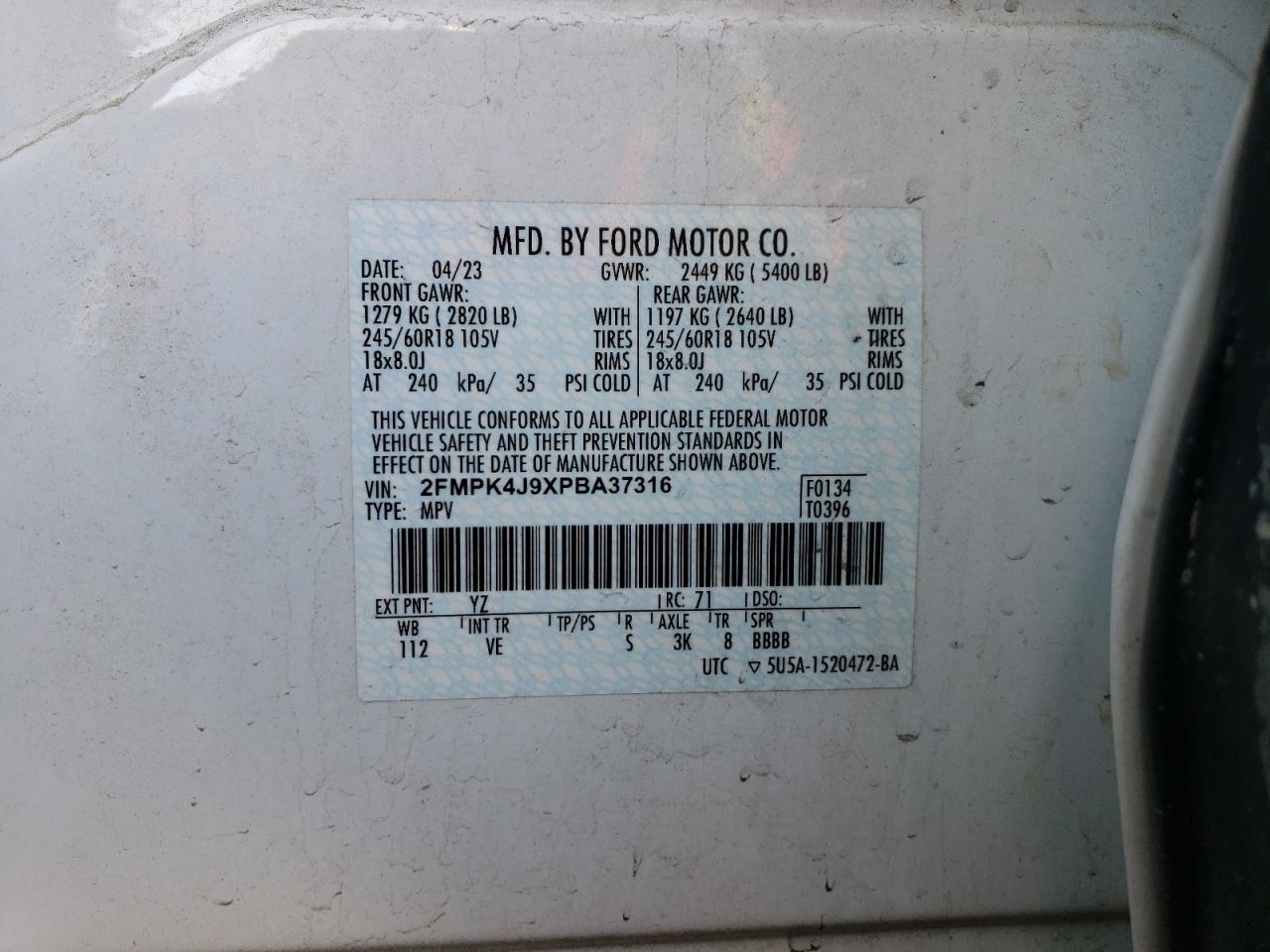 VIN 2FMPK4J9XPBA37316 2023 FORD EDGE no.14