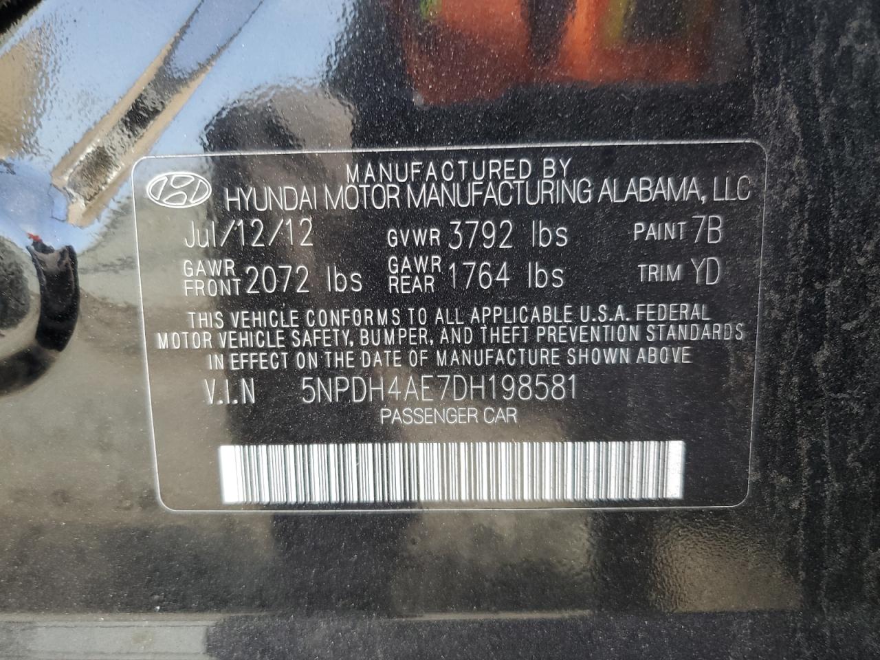 2013 Hyundai Elantra Gls VIN: 5NPDH4AE7DH198581 Lot: 63561855