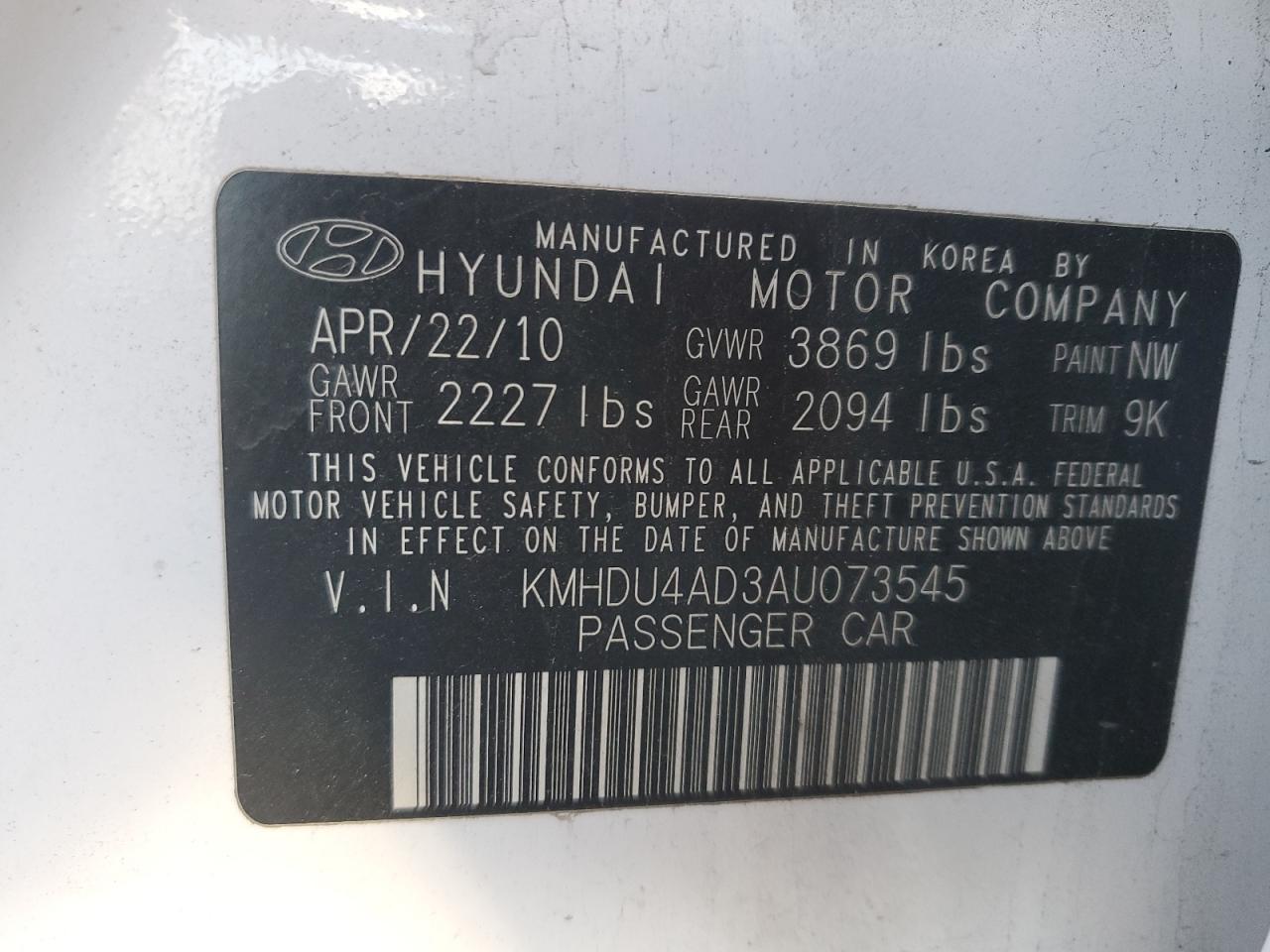 2010 Hyundai Elantra Blue VIN: KMHDU4AD3AU073545 Lot: 79361274