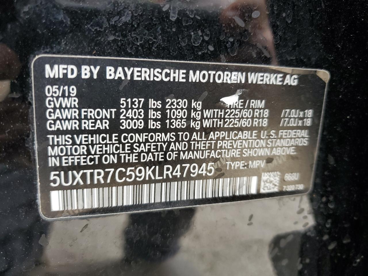 2019 BMW X3 Sdrive30I VIN: 5UXTR7C59KLR47945 Lot: 79313814