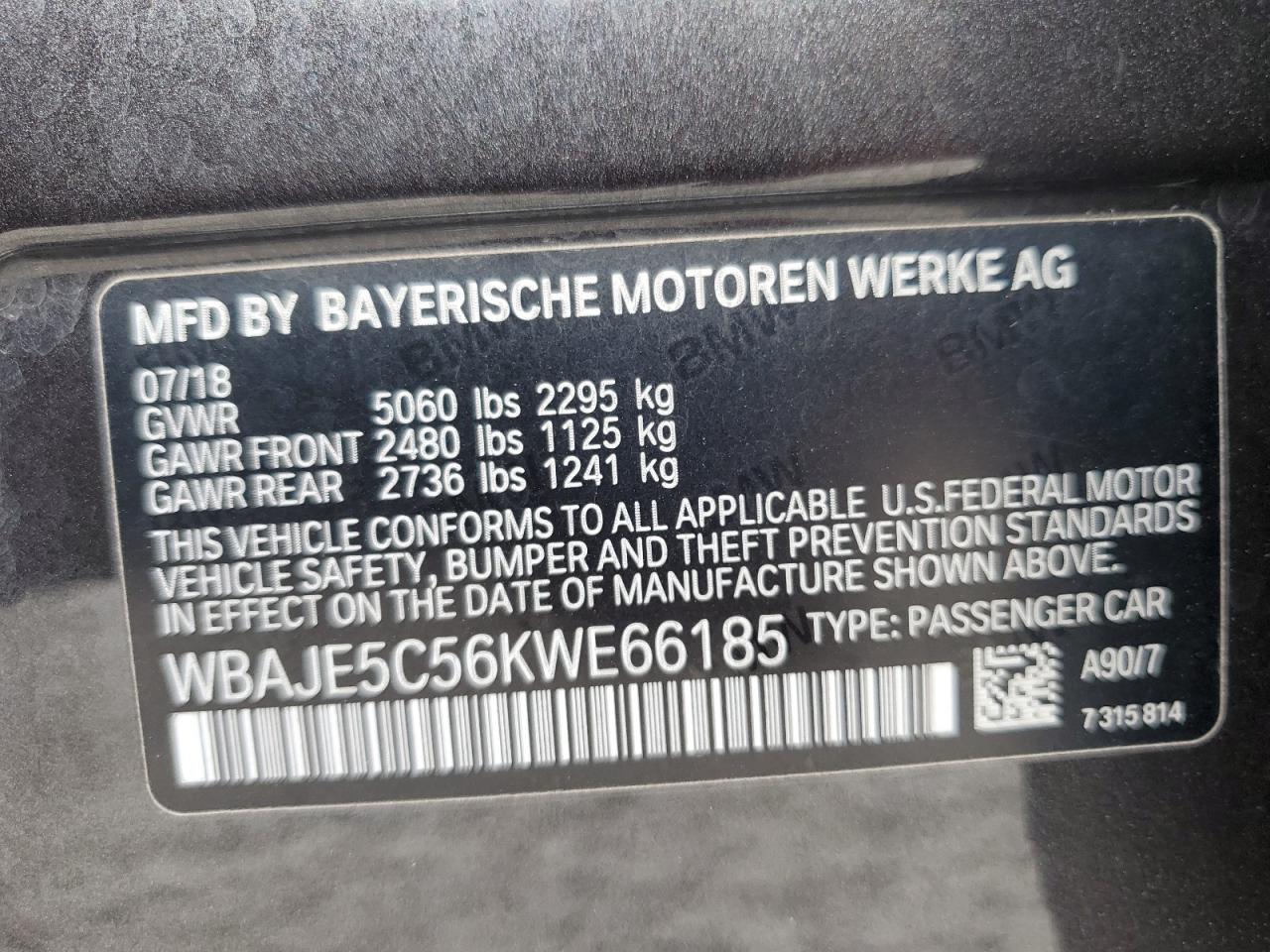 2019 BMW 540 I VIN: WBAJE5C56KWE66185 Lot: 79118244