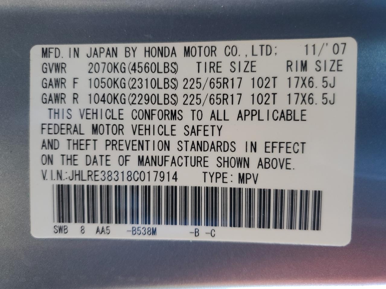 2008 Honda Cr-V Lx VIN: JHLRE38318C017914 Lot: 81851354