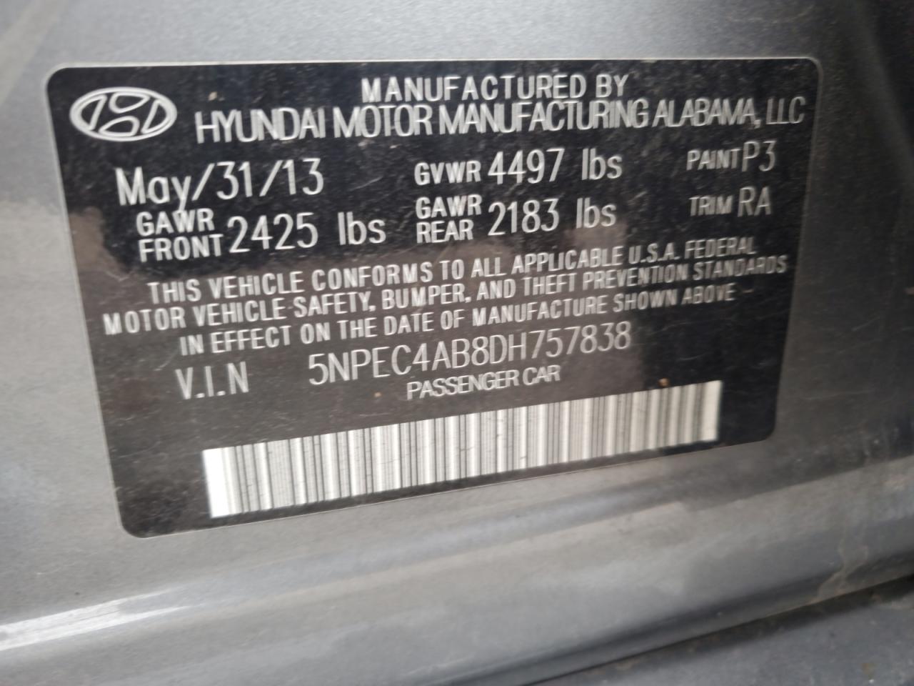 2013 Hyundai Sonata Se VIN: 5NPEC4AB8DH757838 Lot: 78612774