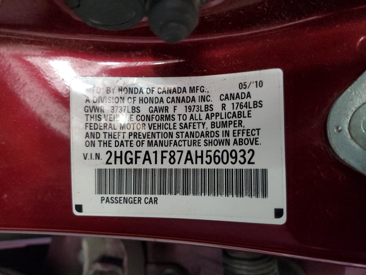 2010 Honda Civic Ex VIN: 2HGFA1F87AH560932 Lot: 80848624