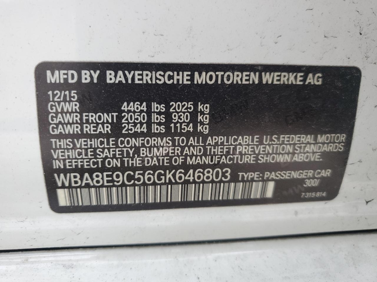 2016 BMW 328 I Sulev VIN: WBA8E9C56GK646803 Lot: 79500244