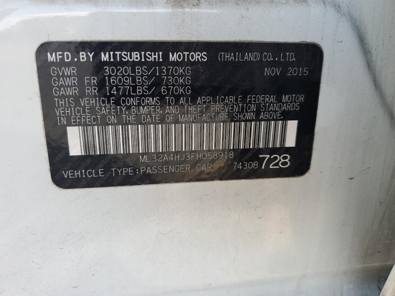 2015 Mitsubishi Mirage Es VIN: ML32A4HJ3FH058918 Lot: 79949304