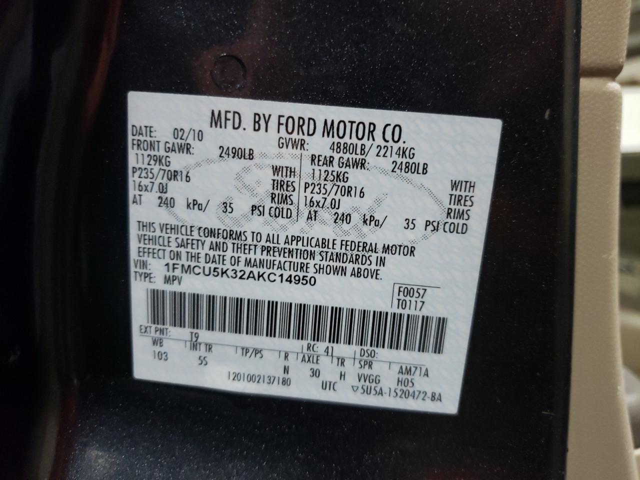 2010 Ford Escape Hybrid VIN: 1FMCU5K32AKC14950 Lot: 79245454