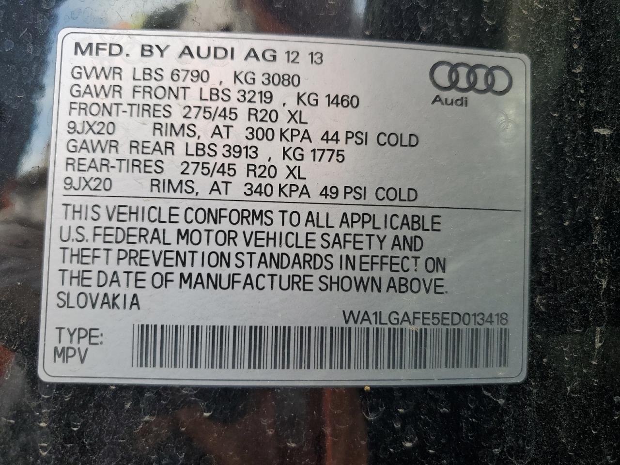 2014 Audi Q7 Premium Plus VIN: WA1LGAFE5ED013418 Lot: 79206634