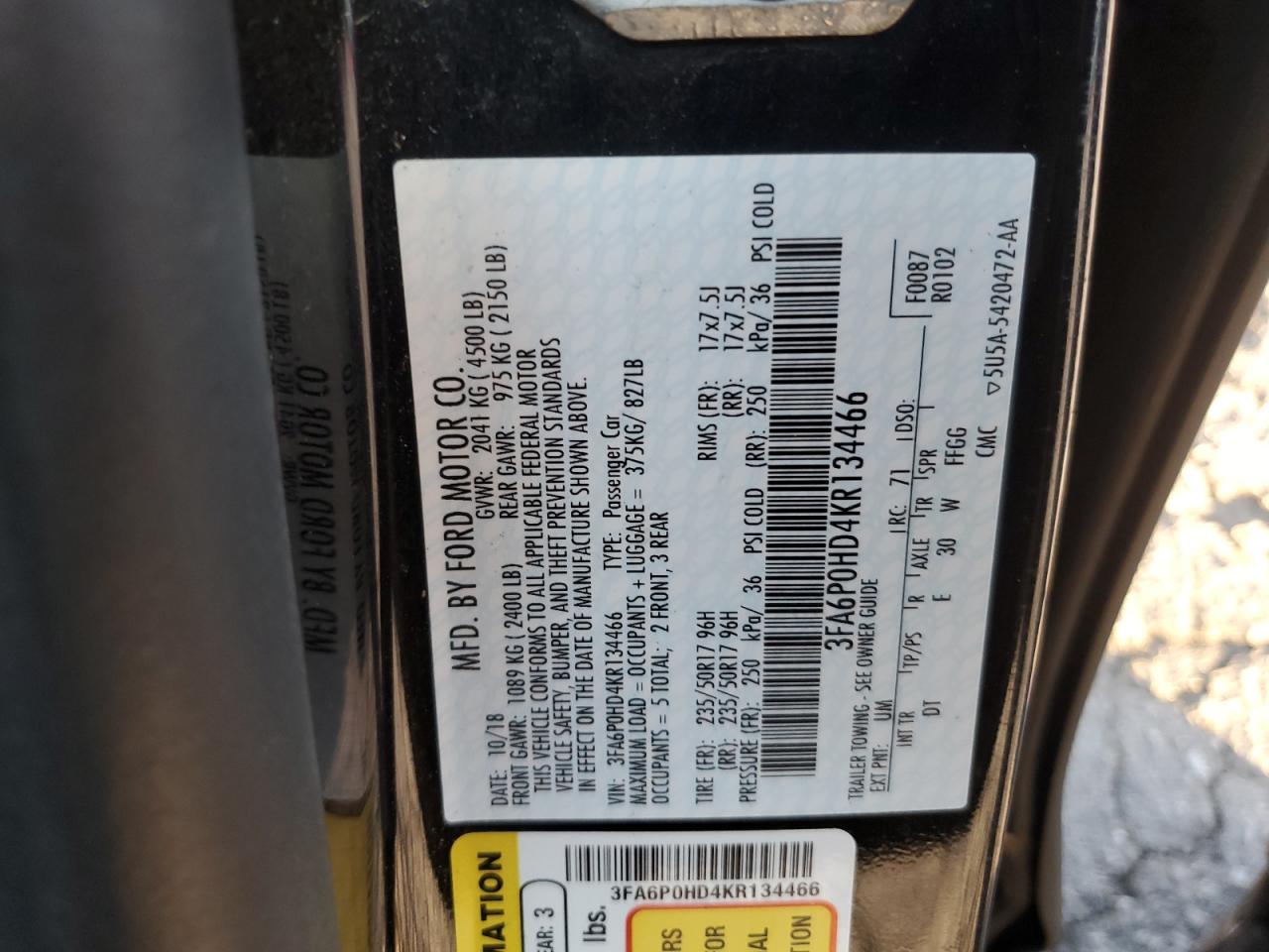 VIN 3FA6P0HD4KR134466 2019 FORD FUSION no.13