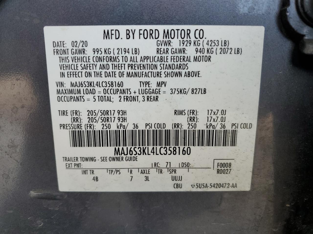 2020 Ford Ecosport Titanium VIN: MAJ6S3KL4LC358160 Lot: 79205594