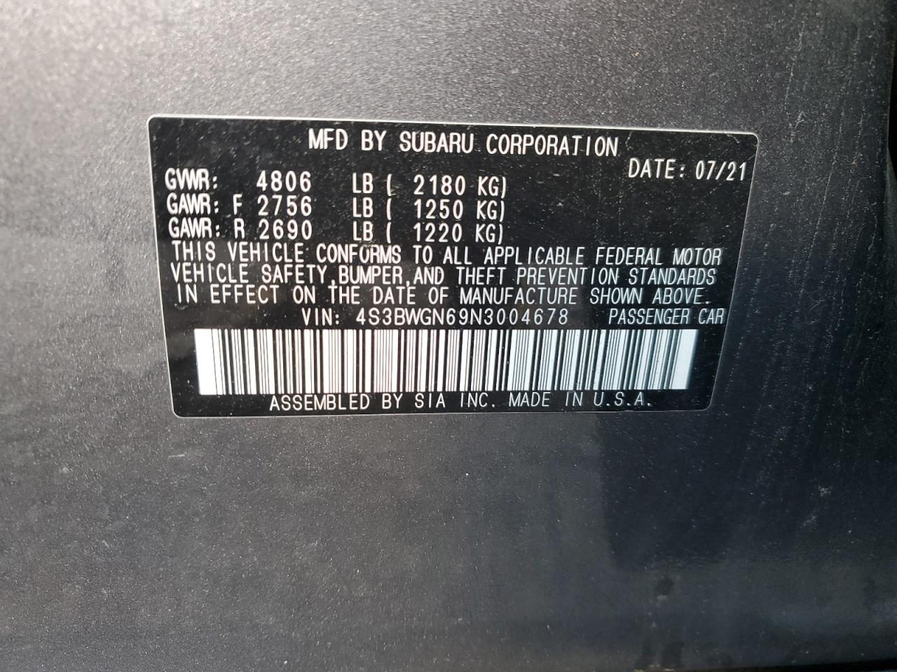 2022 Subaru Legacy Limited Xt VIN: 4S3BWGN69N3004678 Lot: 78562014