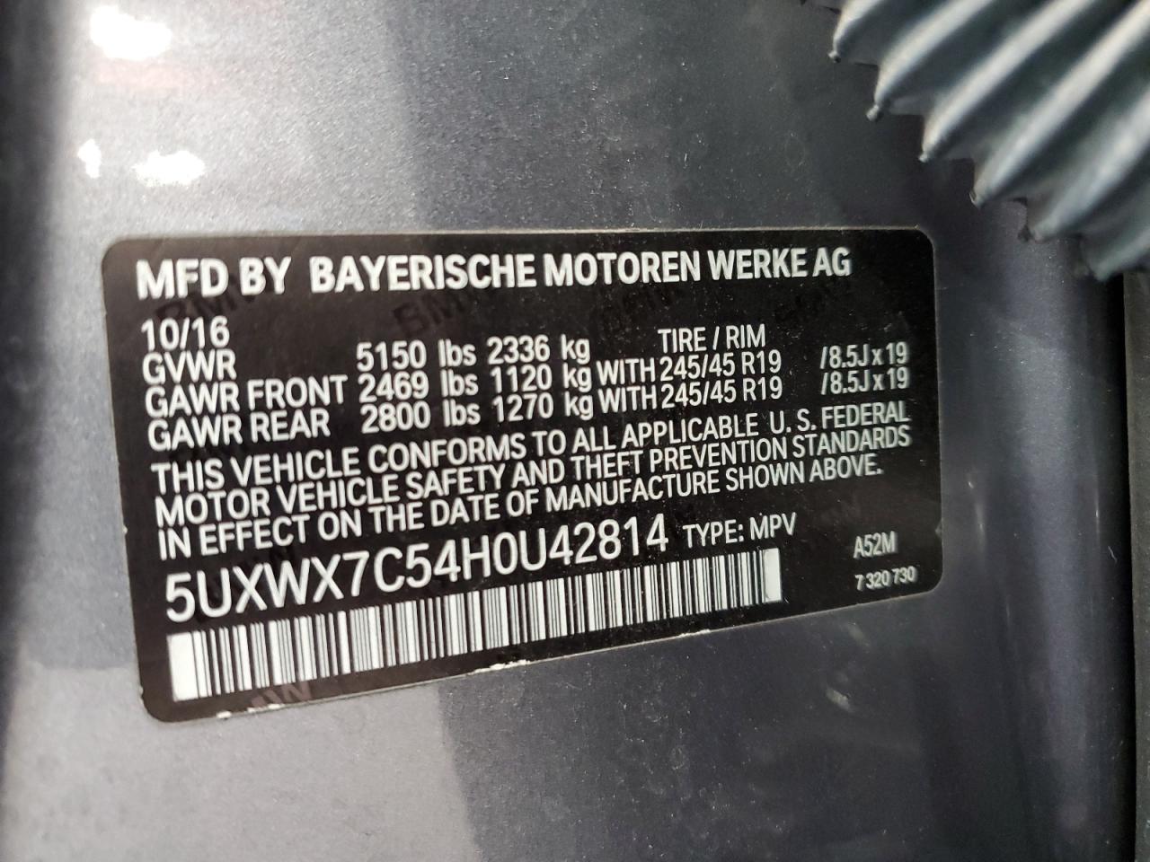 VIN 5UXWX7C54H0U42814 2017 BMW X3 no.13