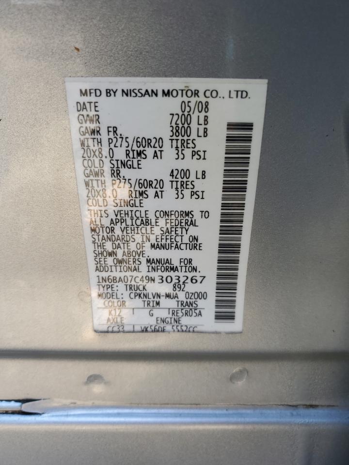 2009 Nissan Titan Xe VIN: 1N6BA07C49N303267 Lot: 79812714