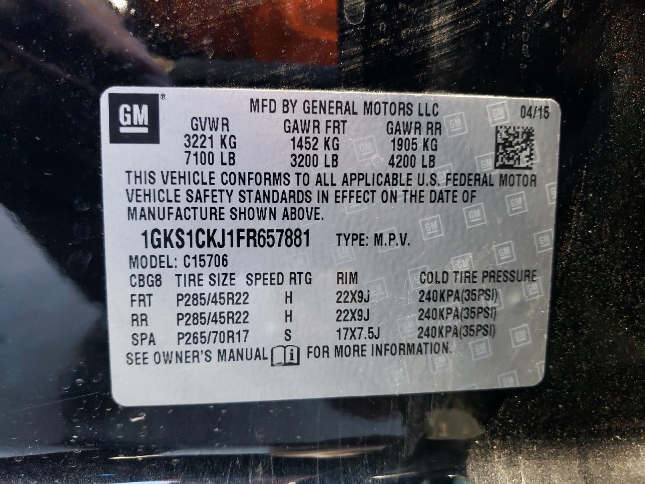 2015 GMC Yukon Denali VIN: 1GKS1CKJ1FR657881 Lot: 79696704