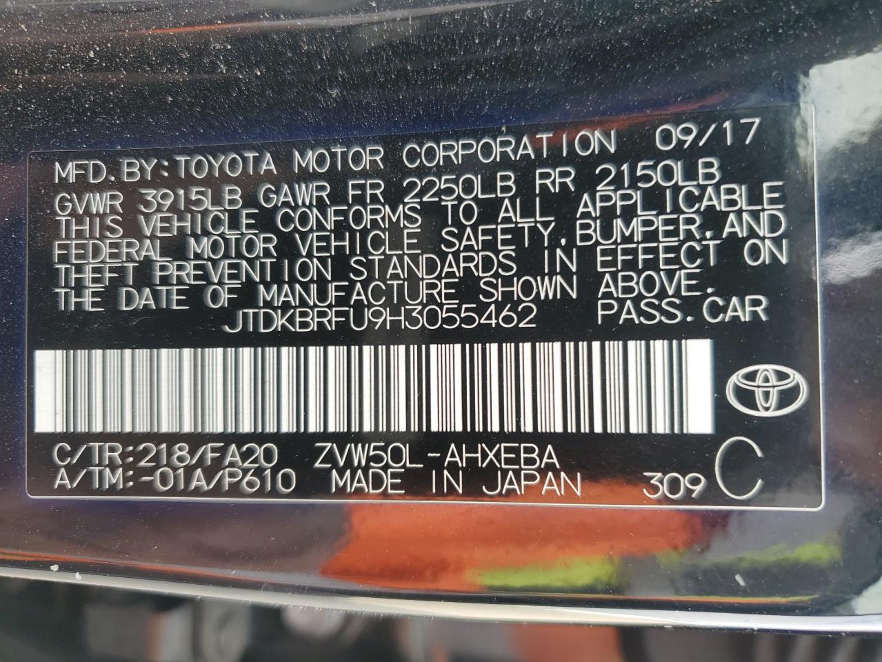 2017 Toyota Prius VIN: JTDKBRFU9H3055462 Lot: 80306524