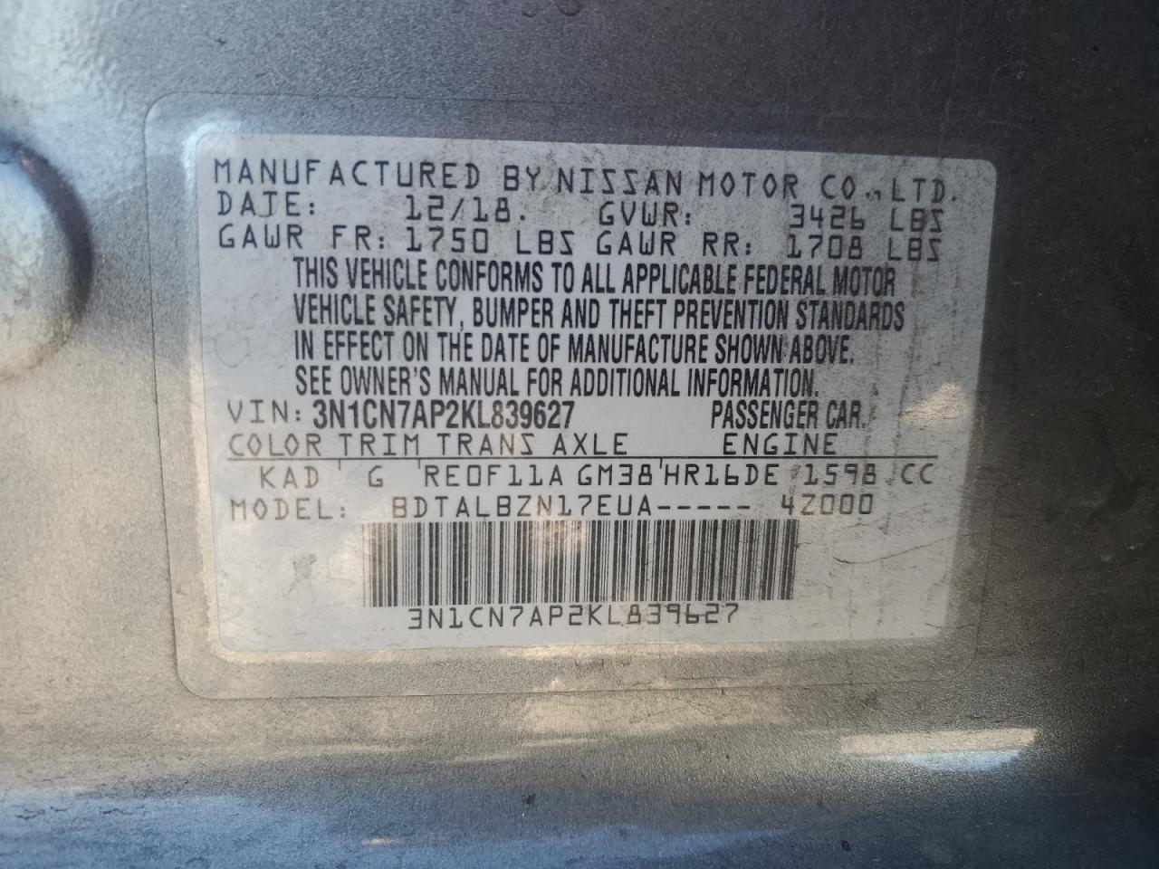 VIN 3N1CN7AP2KL839627 2019 NISSAN VERSA no.13