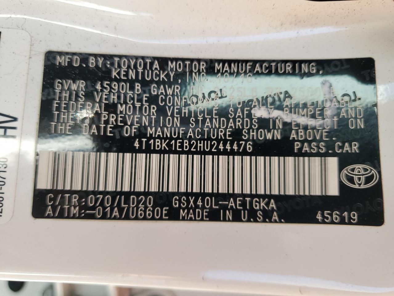 VIN 4T1BK1EB2HU244476 2017 TOYOTA AVALON no.12