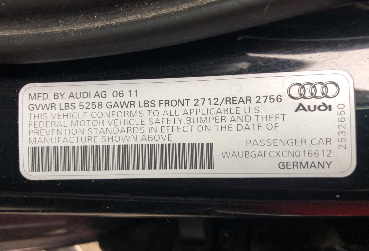 2012 Audi A6 VIN: WAUBGAFCXCN016612 Lot: 80113294