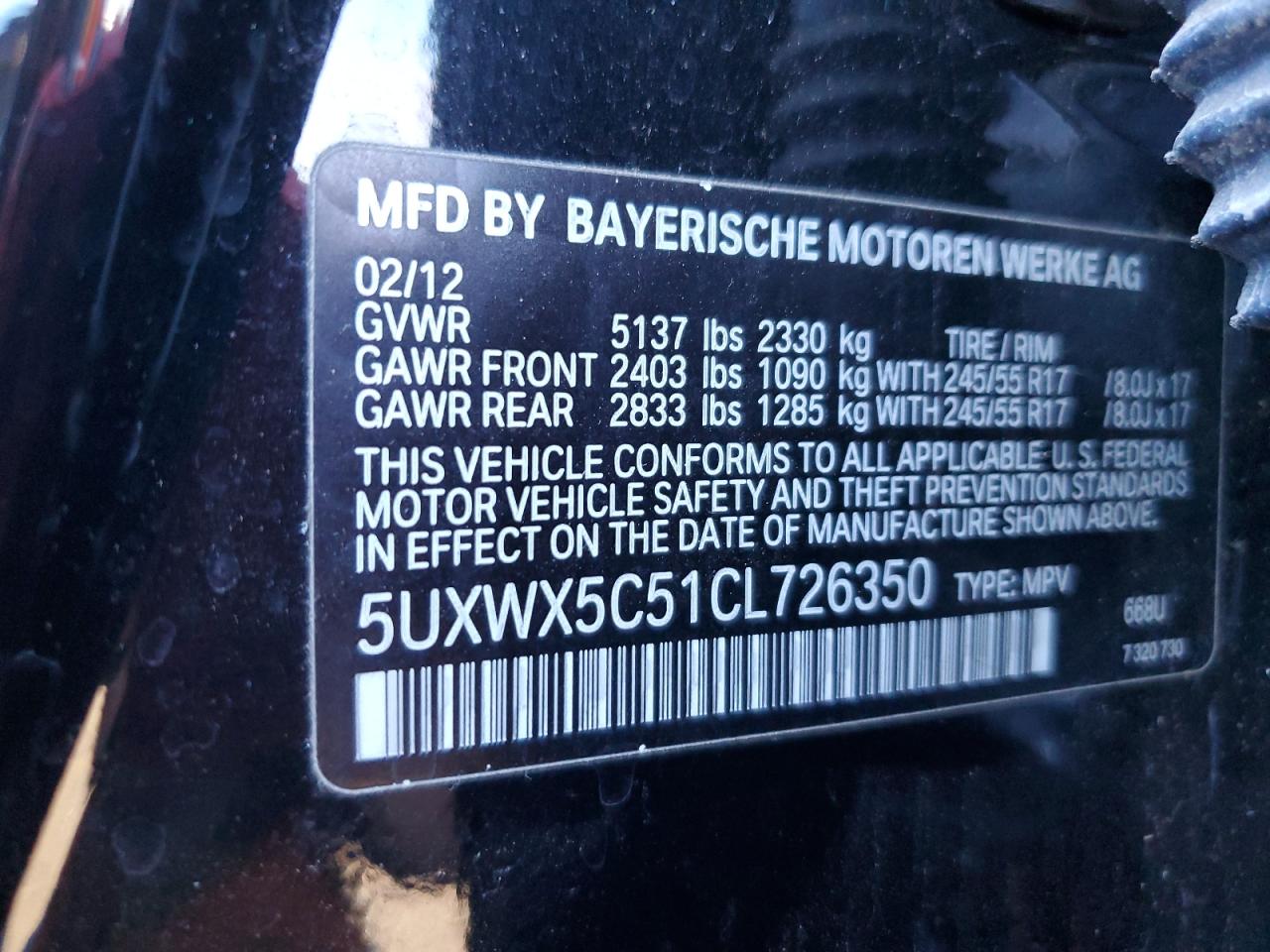 2012 BMW X3 xDrive28I VIN: 5UXWX5C51CL726350 Lot: 80489014